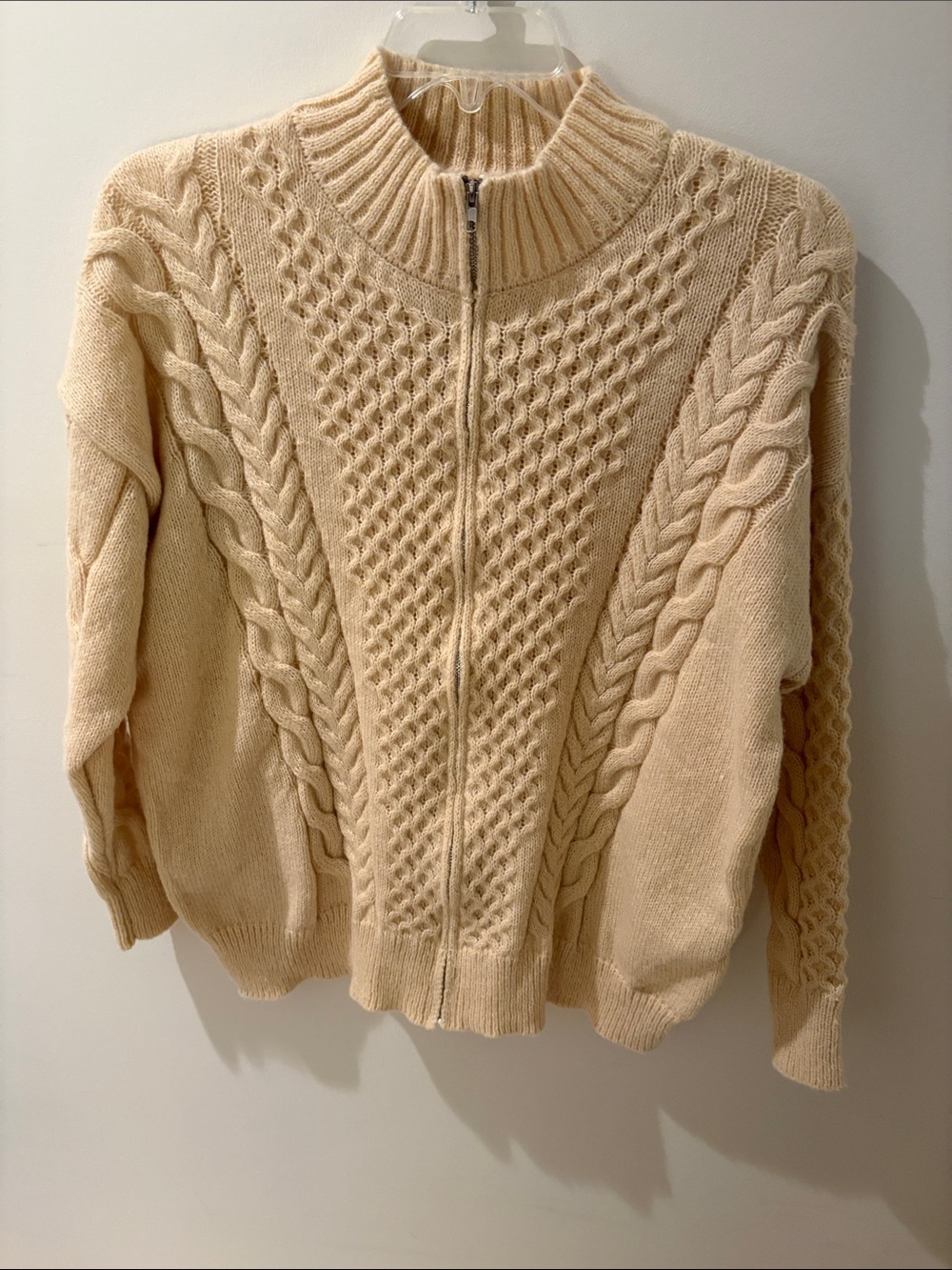 Alfred Dunner Cream Cable Knit Zip Sweater